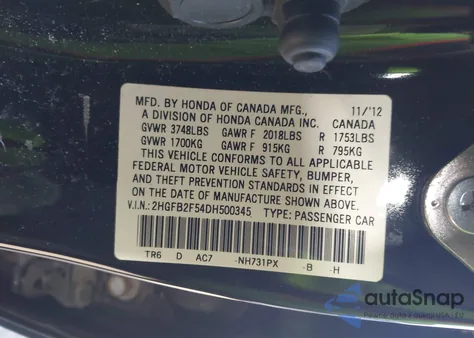 2013 Honda Civic Lx z USA, uszkodzony, nr VIN 2HGFB2F54DH500345